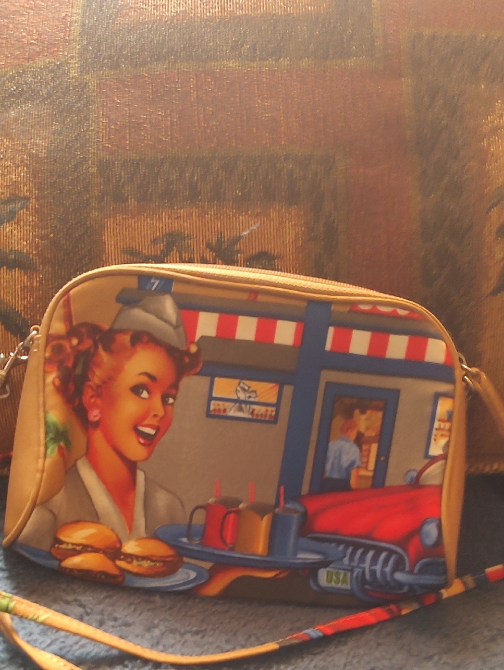 Retro Diner Print Women's Crossbody Bag - Beige/Tan - Picture 2 of 7